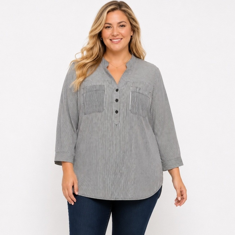 Talbots Women's Striped Printed Henley Style Button Front Tunic Blouse Top Sz 2X
